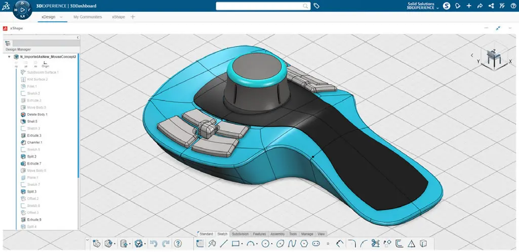 Screenshot of 3D EXPERIENCE SOLIDWORKS being used for sub-division modelling of a 3D connexion space mouse via an internet browser.
